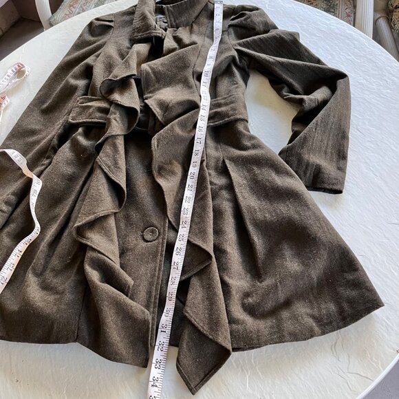 Ryu Green Ruffled Wool Blend Buckle Mid Length Trench Coat Size S - Picture 5 of 8